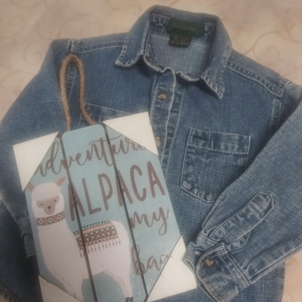 Vintage 2t Jean Jacket + Eventually ill pack my bags (alpaca) wall sign.
